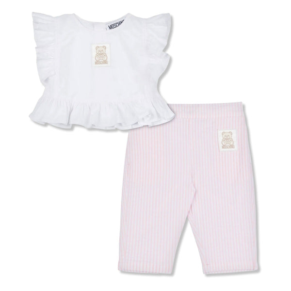 Baby Girls White & Pink Logo-Patch Trouser Set