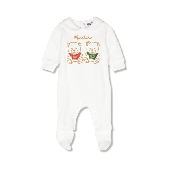 Baby Unisex White Teddy Bear-Print Romper