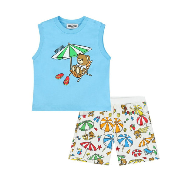 Baby Unisex Blue & White Teddy Bear Shorts Set