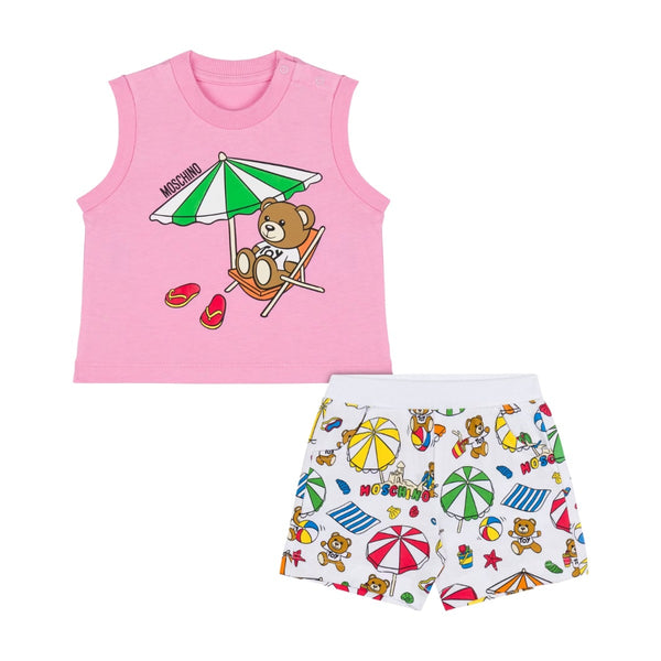 Baby Girls Pink & White Teddy Bear Shorts Set
