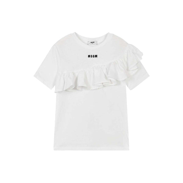 Girls White Cotton Ruffle T-Shirt