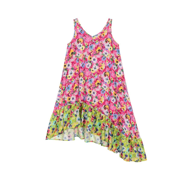 Girls Pink & Green Asymmetric Dress