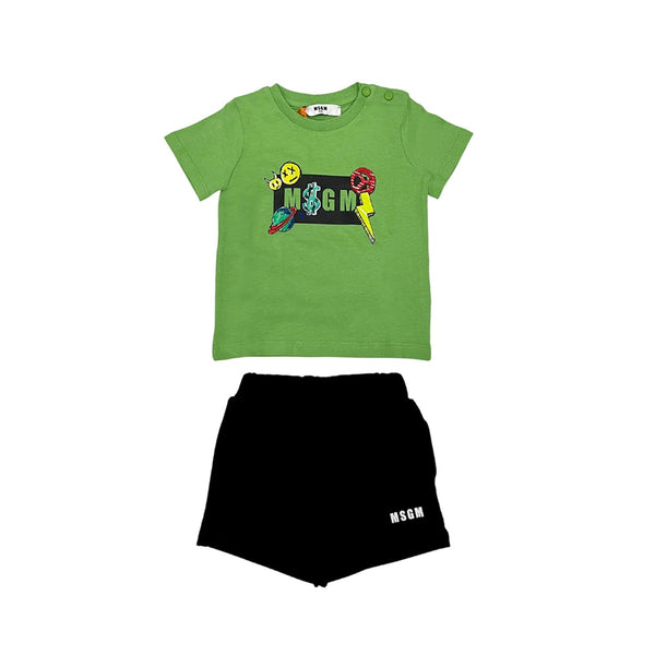 Boys Green & Black Cotton Shorts Set