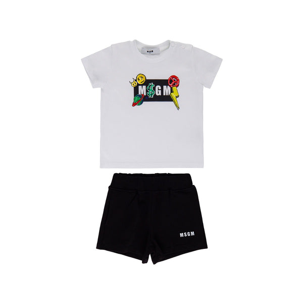 Boys White & Black Cotton Shorts Set