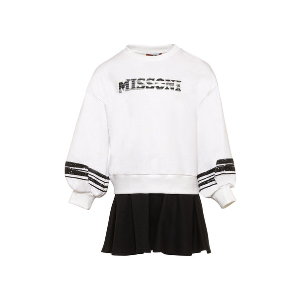 Girls White & Black Cotton Sweatshirt Dress