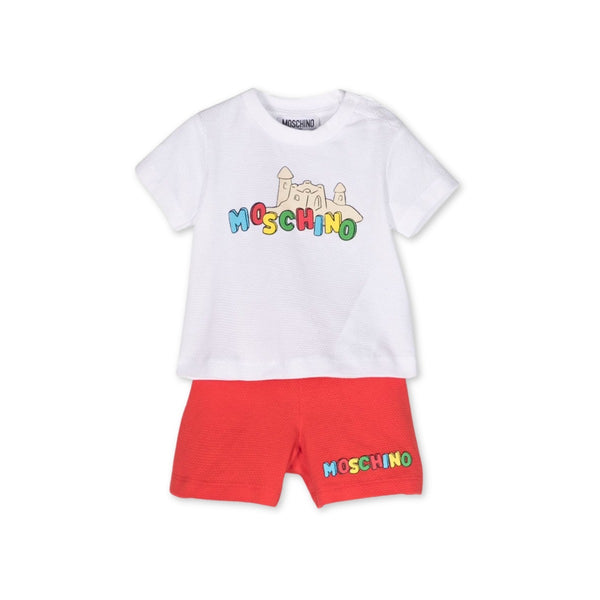 White & Red Logo-Debossed Short Set