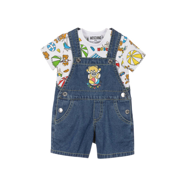 Blue Cotton Teddy Bear Dungarees Set