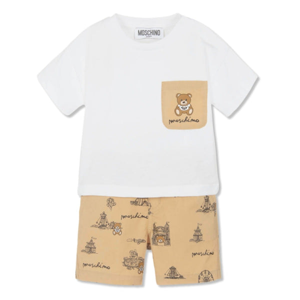 Baby Boys Beige & White Cotton Shorts Set