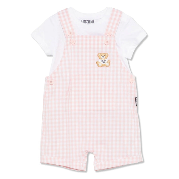 Baby Girls Pink Gingham-Pattern Dungarees
