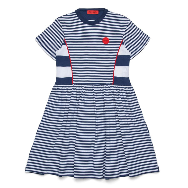 Girls Blue Striped Dress With Logo-Patch
