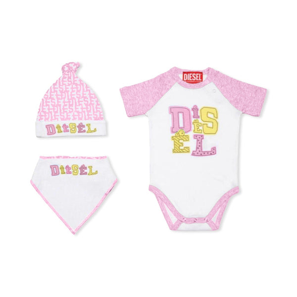 Baby Girls White & Pink Logo-Print Romper ( Set Of 3 )