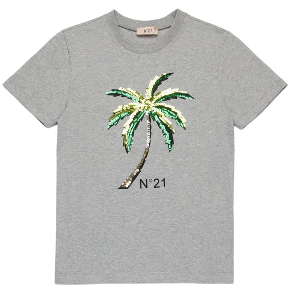 Girls Grey Sequined Palm T-shirt