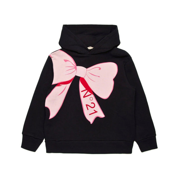 Girls Black Cartoon Style Bow-Print Hoodie