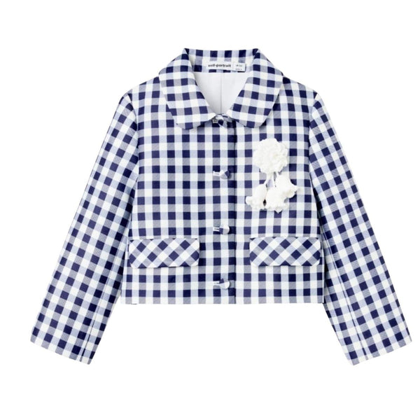 Girls Navy Blue Floral-Patch Gingham Jacket