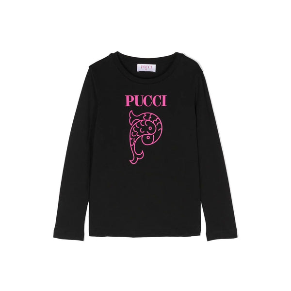 Girls Black Logo Print Cotton T-Shirt