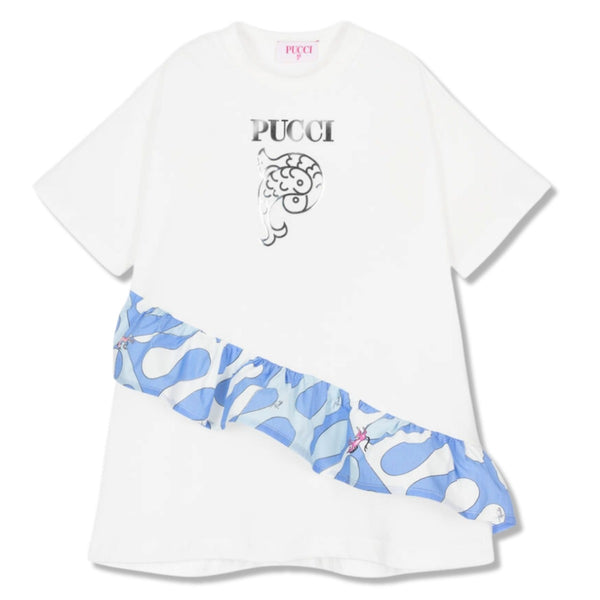 Girls White & Blue Cotton Leocorno Dress