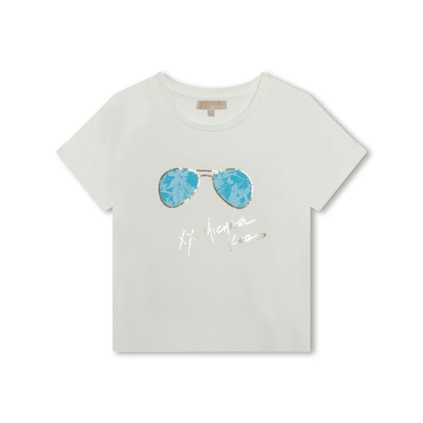 Girls White Sunglass-Print Cotton T-Shirt