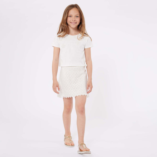 Girls White Lace-Detailed A-Line Skirt
