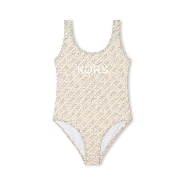 Girls Cream Logo-Print U-neck Swimsuit