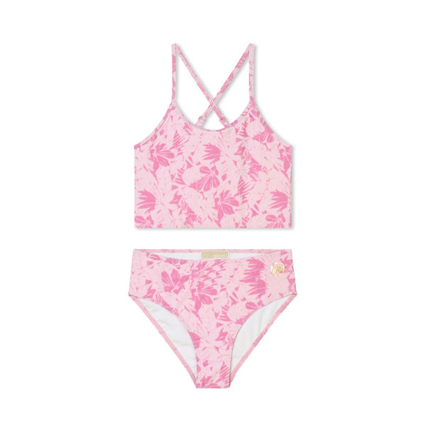 Girls Pink Floral-Motif Logo-Print Bikini Set