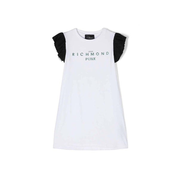 Girls White Cotton Glittery Logo Printed Dress