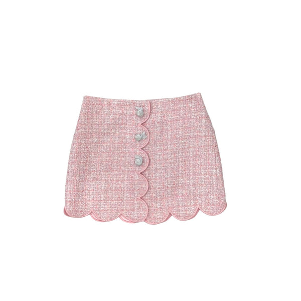 Pink Boucle Scalloped Hem Mini Skirt