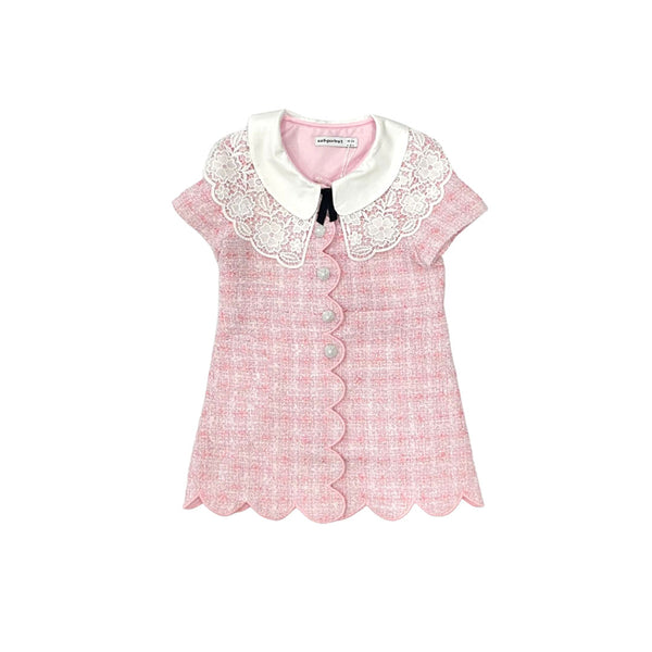 Pink Boucle Scalloped Hem Mini Dress