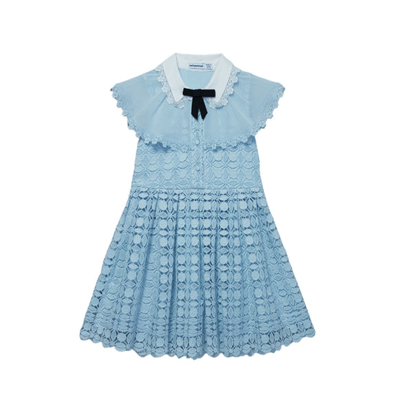 Blue Lace Dress With Double Collar