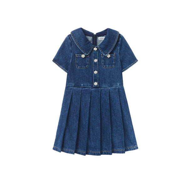 Girls Blue Denim Pleated Dress