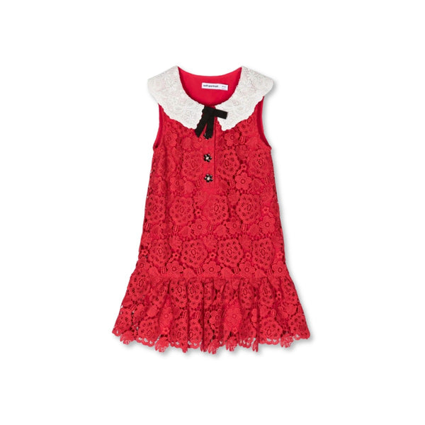 Girls Red Sleeveless Lace Dress