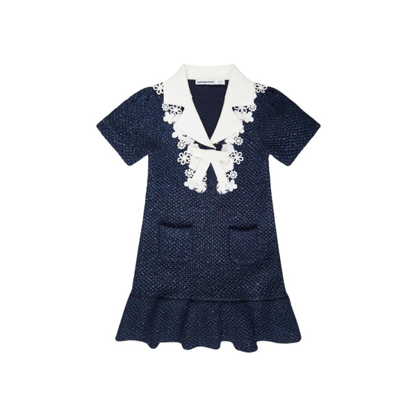 Girls Navy Blue Sequin Knit Bow Dress