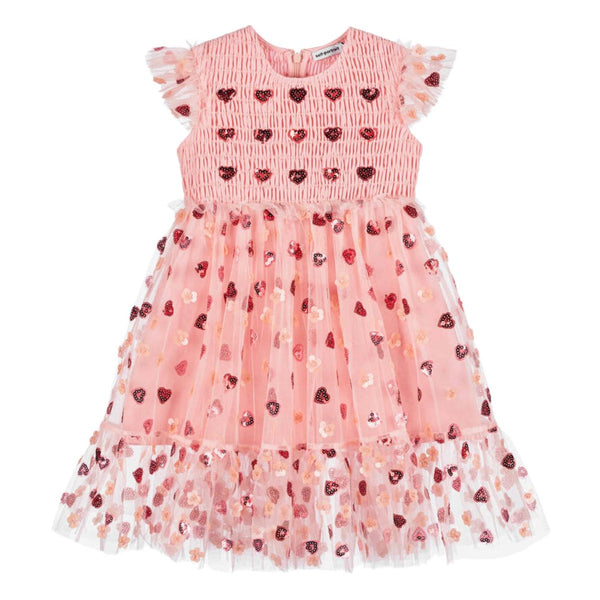 Girls Pink Sequinned Heart Tulle Dress