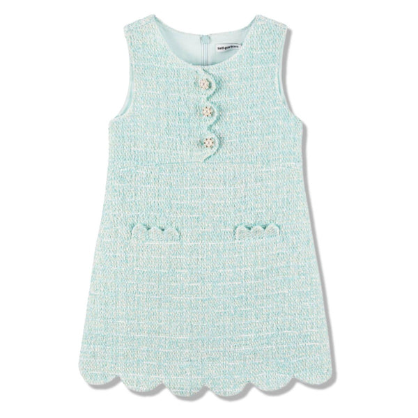 Girls Pale Turquoise Blue Tweed Dress