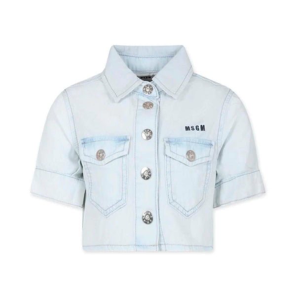 Girls Light Blue Logo-Embroidered Cropped Shirt