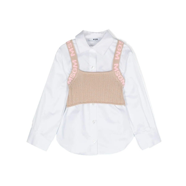 Girls White & Beige Layered Shirt Set
