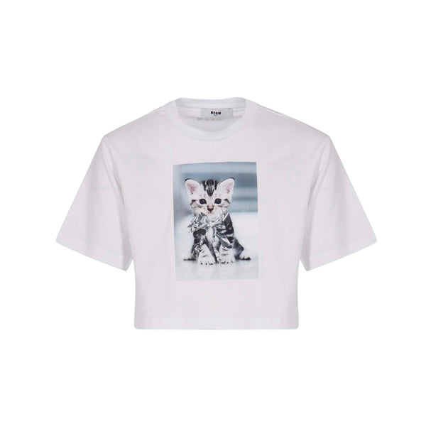 Girls White Cropped Cotton T-Shirt