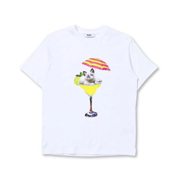 Girls White Cat Print Cotton T-Shirt