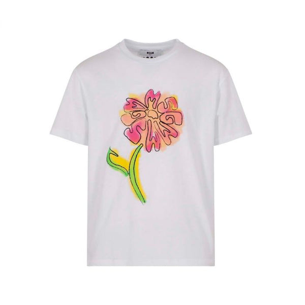 Girls White Flower Print Cotton T-Shirt