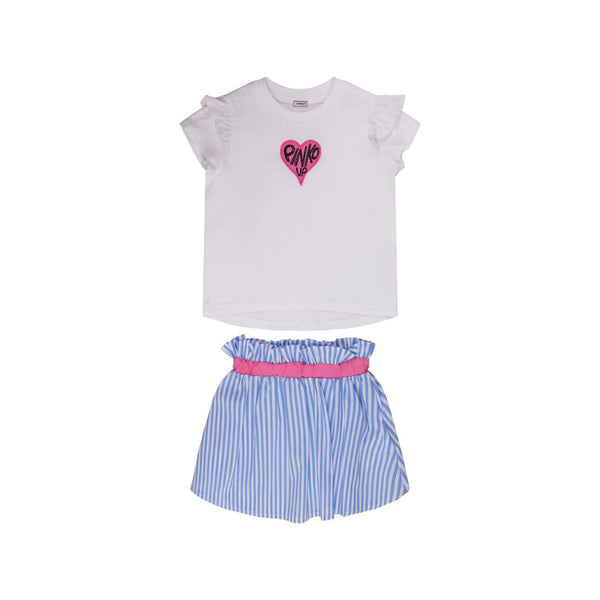 Girls White & Blue Cotton Skirt Set