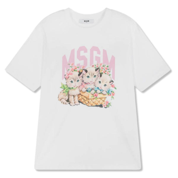 Girls White Kitty & Logo T-shirt