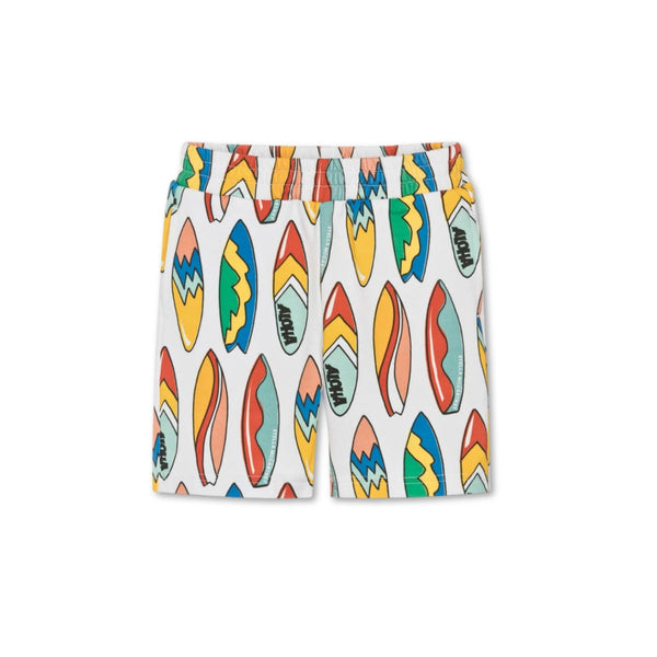 Boys White Surfboard Print Cotton Shorts