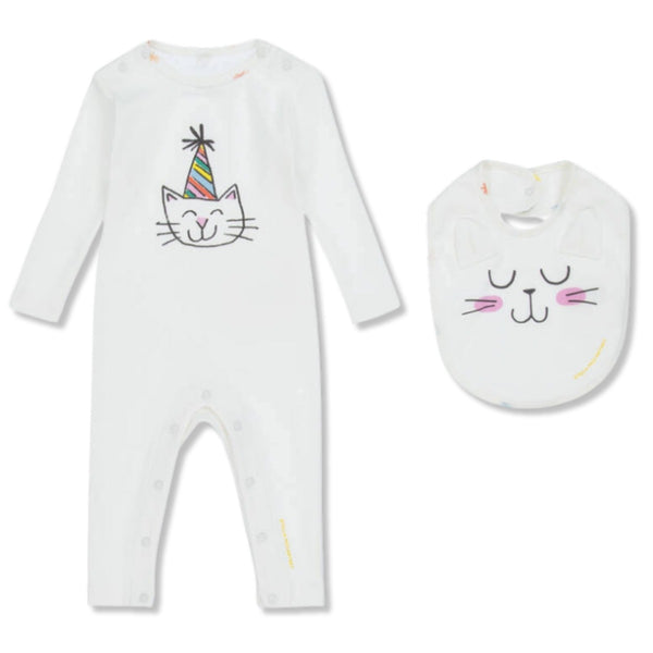 Baby Unisex White Cat Print Babysuit & Bib Set